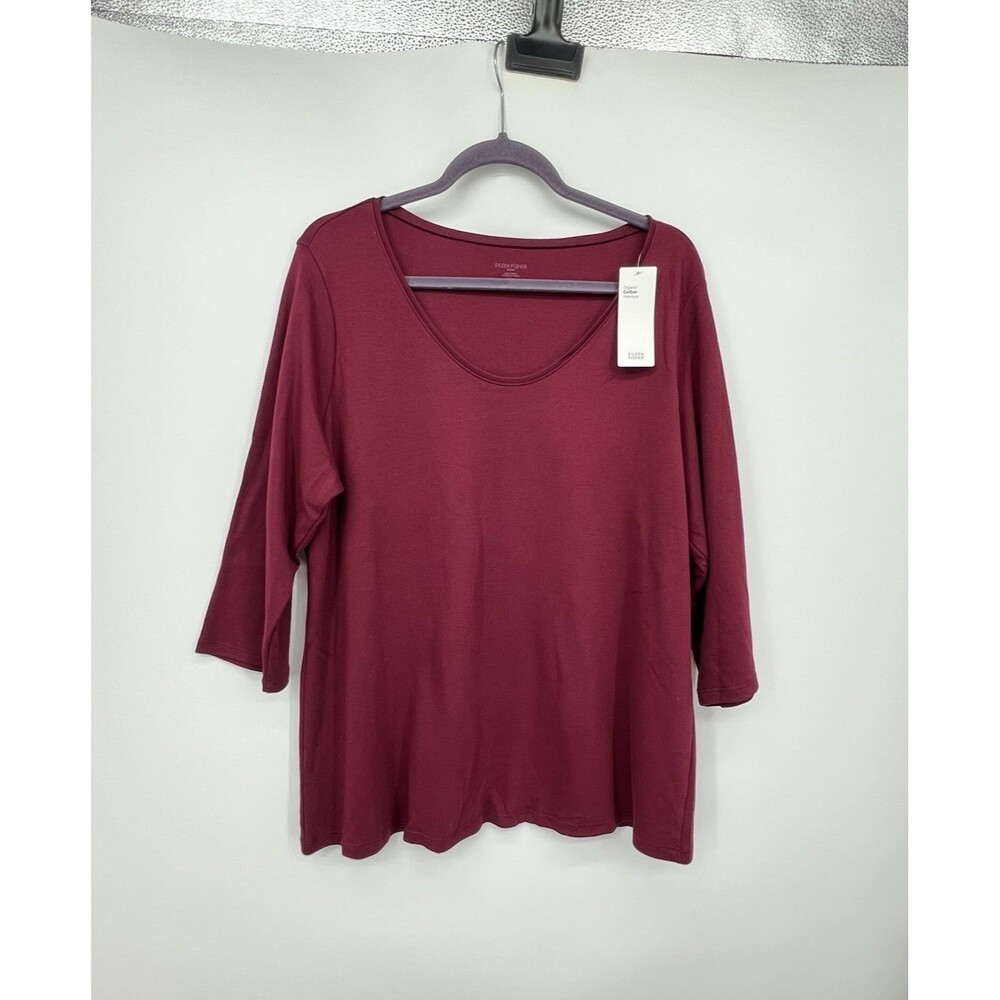 Eileen Fisher Organic Cotton Interlock Rounded V-Neck Top Size 1X 3/4 Sleeves